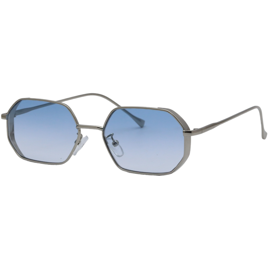 Hexagonal Sky blue Glass Silver Frame Sunglasses